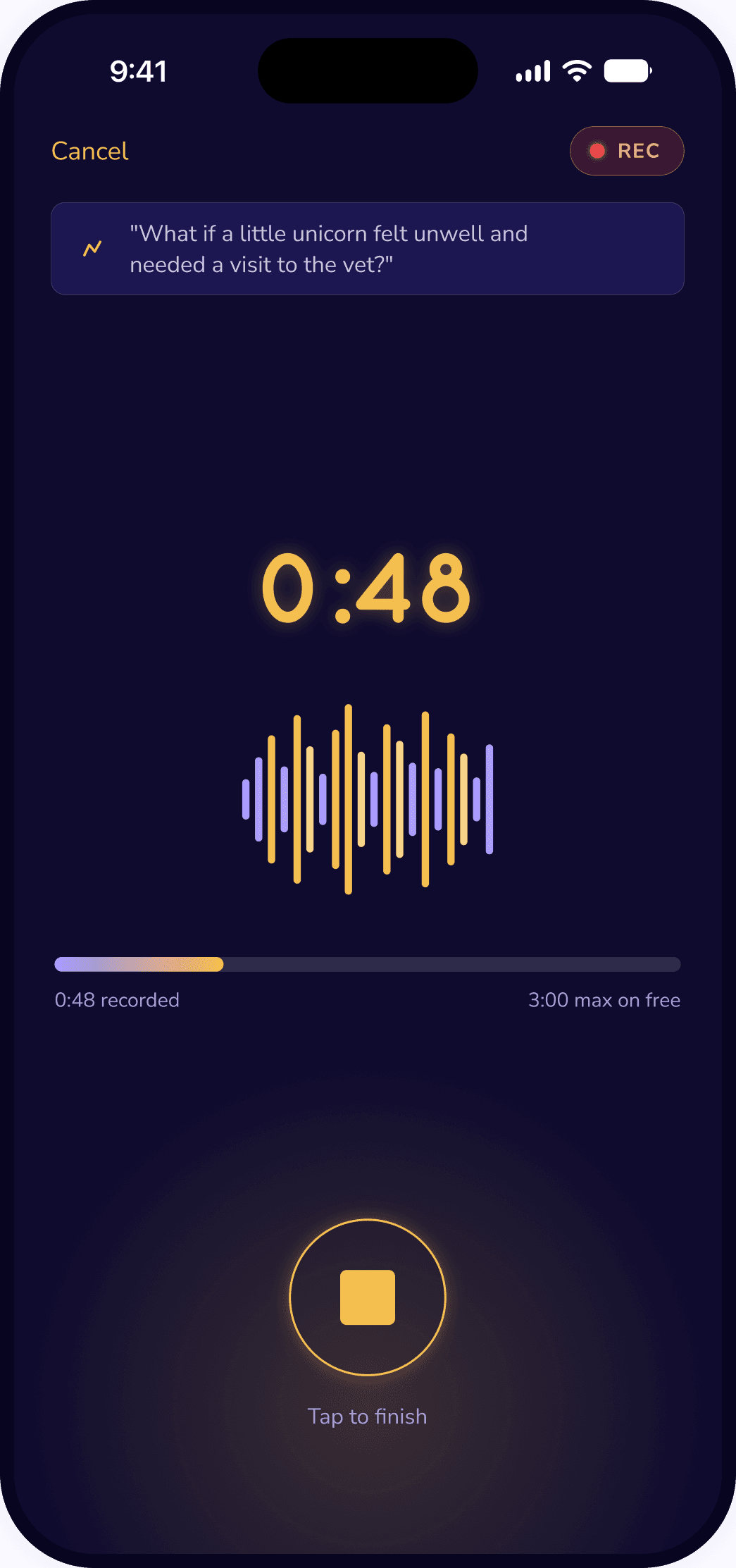 Nubi recording a story, with an optional unicorn idea, a timer, and a voice waveform.