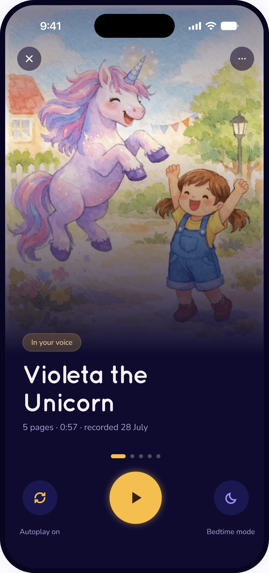 The finished Violeta the Unicorn story, with an In your voice label and a large play button.