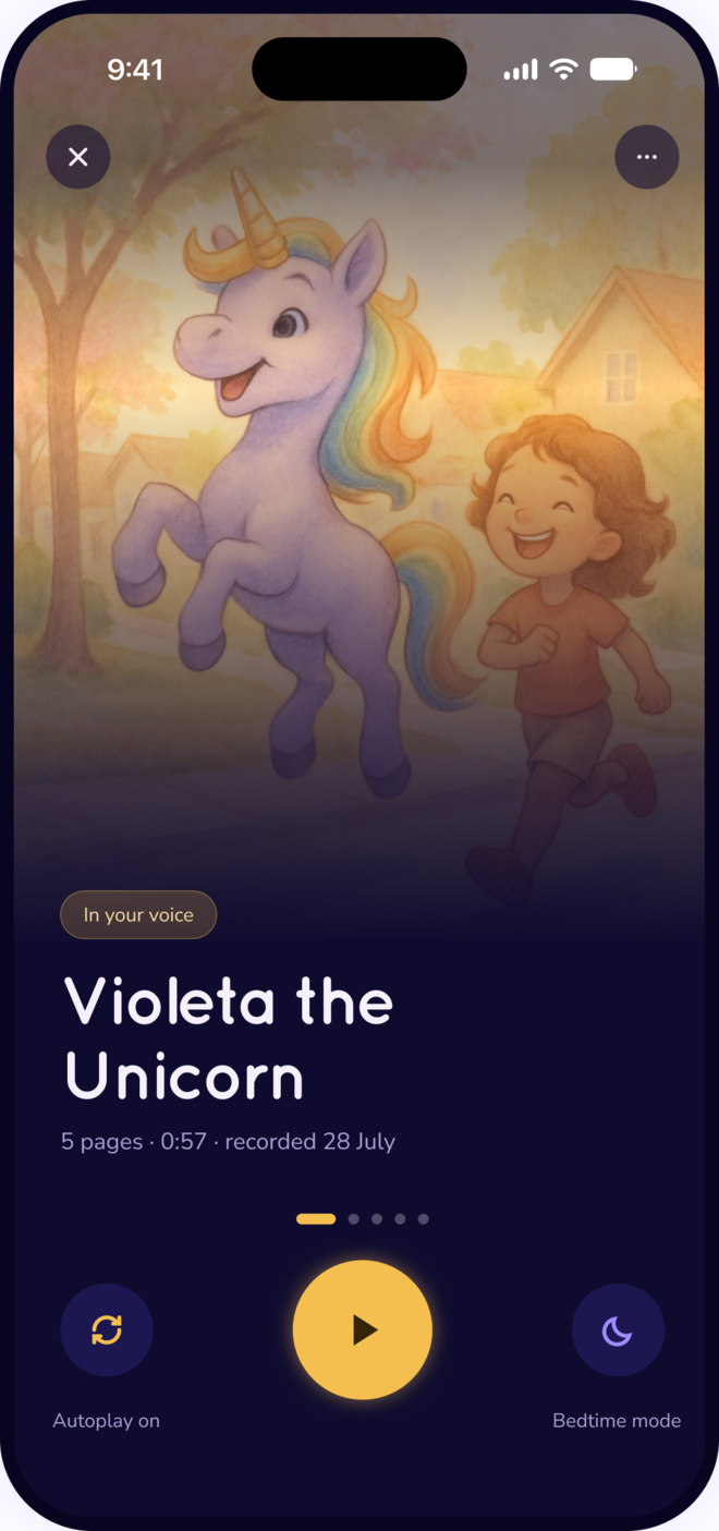 The Nubi app showing a finished story, Violeta the Unicorn, illustrated and ready to read back in the parent's own voice